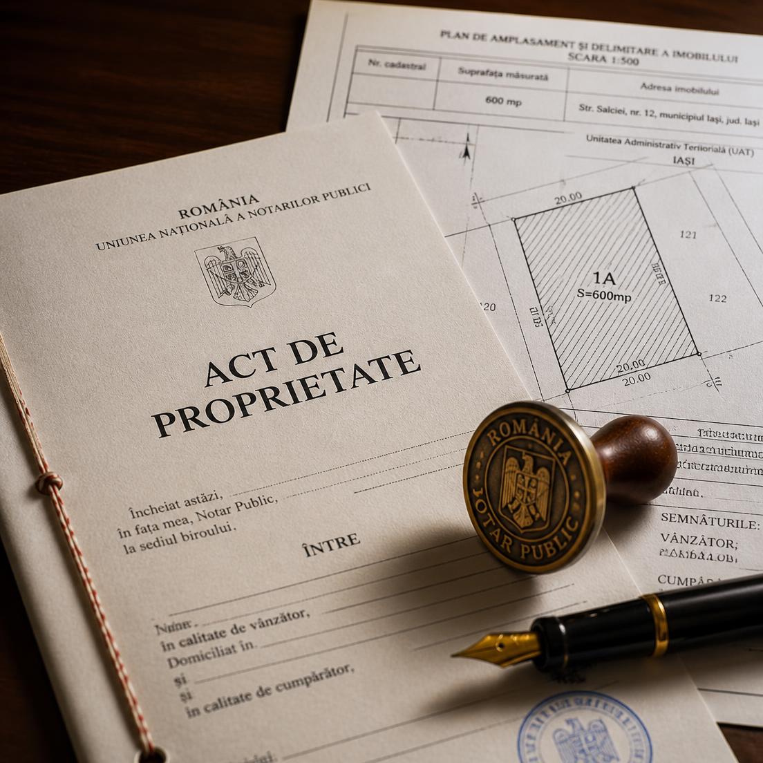 Act de proprietate, plan cadastral și ștampilă de notar public pe un birou de lemn